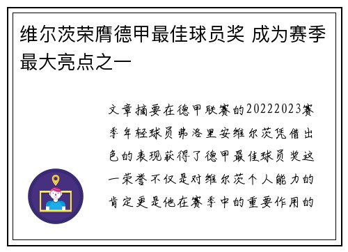 维尔茨荣膺德甲最佳球员奖 成为赛季最大亮点之一 维尔茨荣膺德甲最佳球员奖 成为赛季最大亮点之一